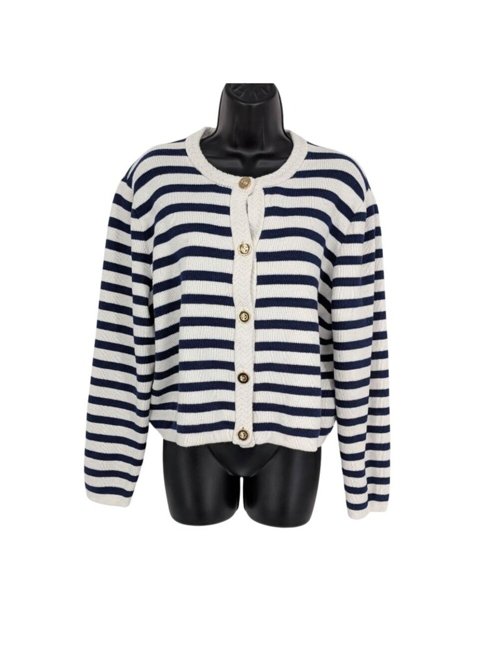 J.Crew Stripe Knit Cardigan Sweater Coastal Preppy Heritage Nautical Boxy Large